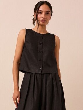 Beyond Nine Elodie Button Front Black Linen Sleeveless Top Tank Size small NWT